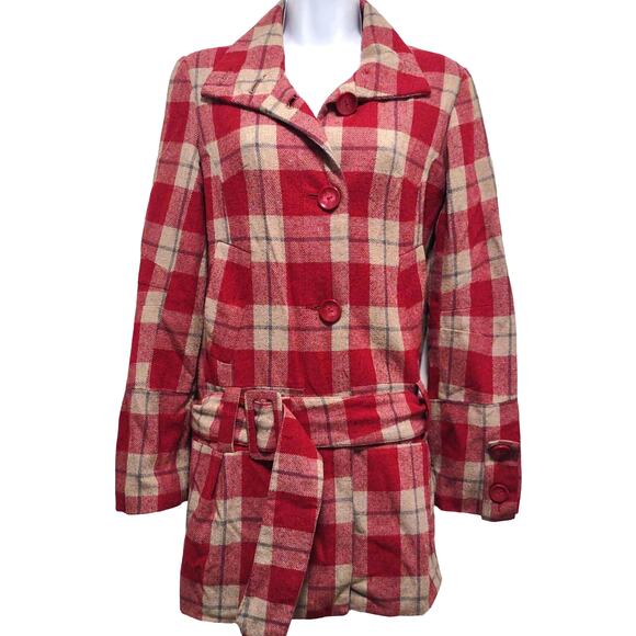 BB Dakota Red Plaid Rayon Peplum Coat - Picture 2 of 10